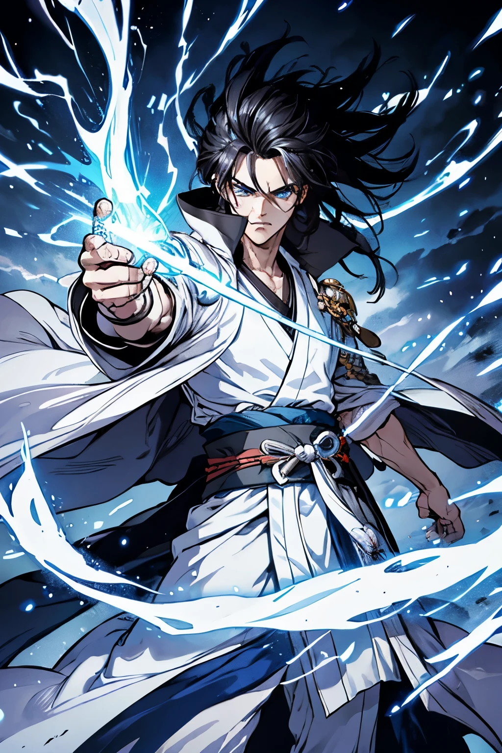 Male powerful mage with black hair, fierce eyes, serious face, male, blue eyes, wearing a white kimono, high res, 8k, looking at the viewer, in a japanese temple, dark lightning