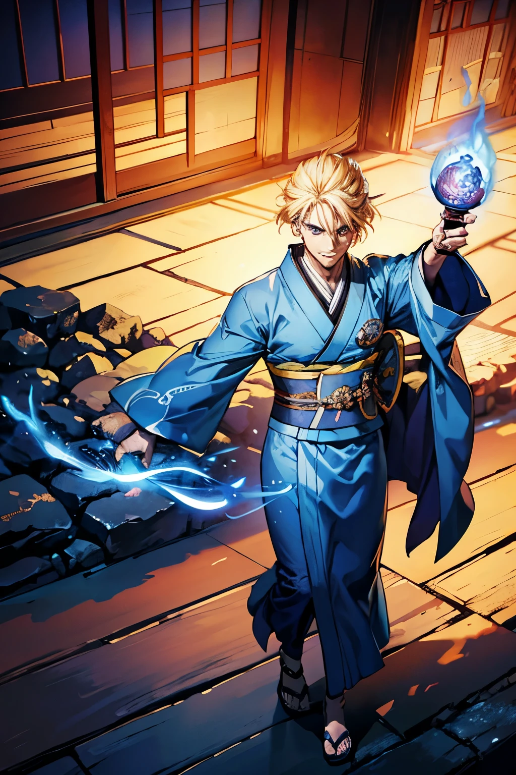 Male powerful mage with blonde hair, fierce eyes, serious face, male, wearing a blue kimono, high res, 8k, looking at the viewer, in a japanese temple, blue fire, slightly smile, shadows