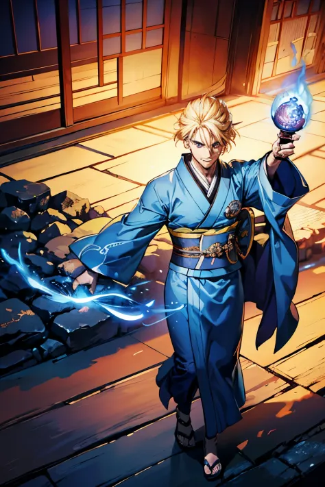 male powerful mage with blonde hair, fierce eyes, serious face, male, wearing a blue kimono, high res, 8k, looking at the viewer...