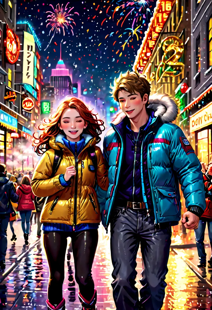 (tmasterpiece),（ultra - detailed:1.3），Best quality，(It's snowing)，(Young couple wearing down jackets walking hand in hand in the...
