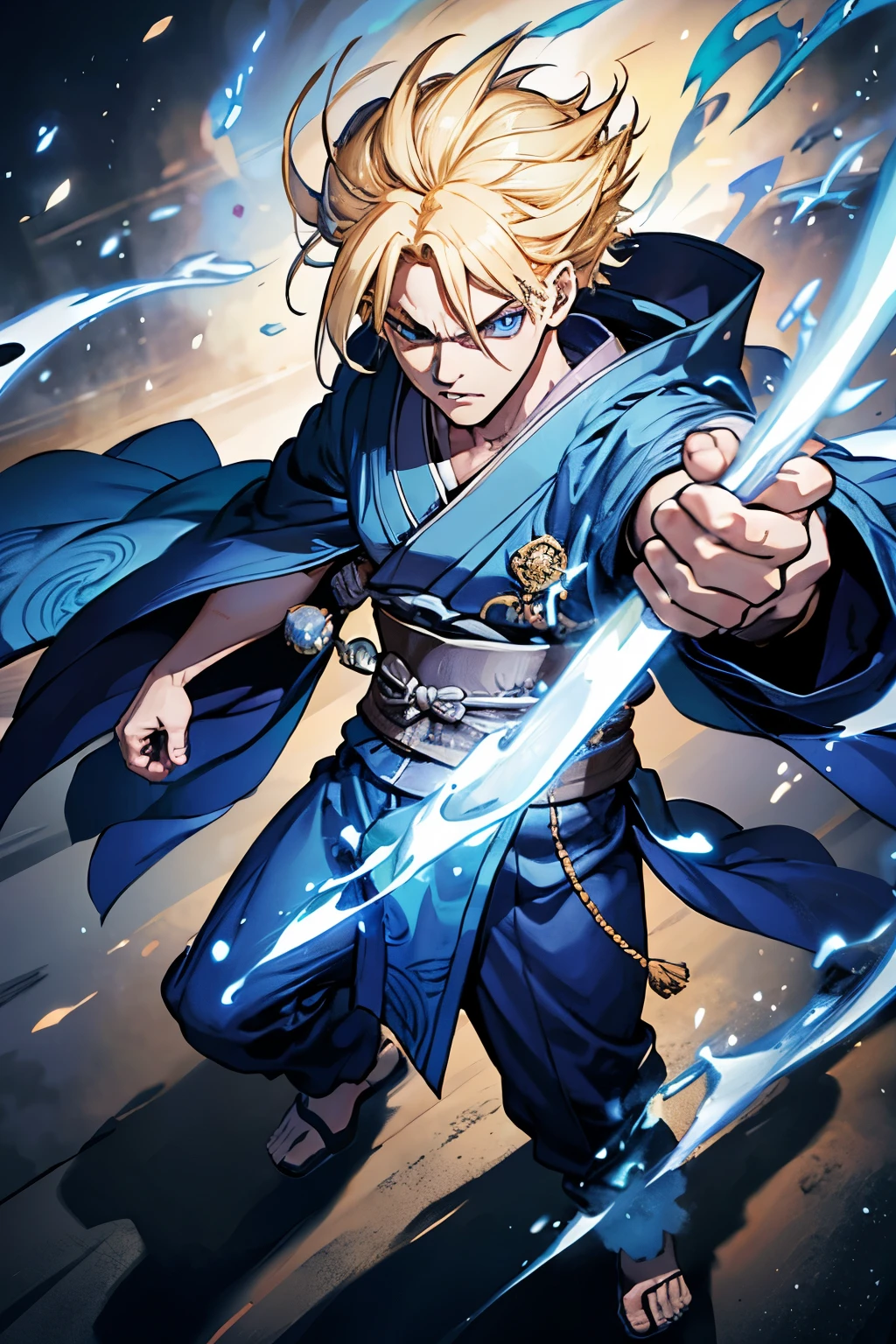 Male powerful mage with blonde hair, fierce eyes, serious face, male, blue eyes, wearing a blue kimono, high res, 8k, looking at the viewer, in a japanese temple, Blue fire, Dark room, shadows, lighting, evil