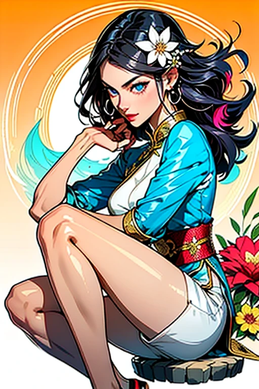 a woman in a white and gold cheongsam, sitting on a rock, elegant full body, makeup, mole, multicolored hair, black hair, look at viewer, Oval face, fine face, Fine eyes, Blue eyes, Detail eyes, Double eyelids, (Pearl earrings:1.2), Highly Detailed Skin Texture, Golden ratio, gorgeous Chinese model, beautiful oriental woman, beautiful goddess, beautiful Asian girl, royal elegant pose, gorgeous lady, classy, (Flower background:1.4), (Colorful:1.1) highest details, HDR, the appearance of the hourglass