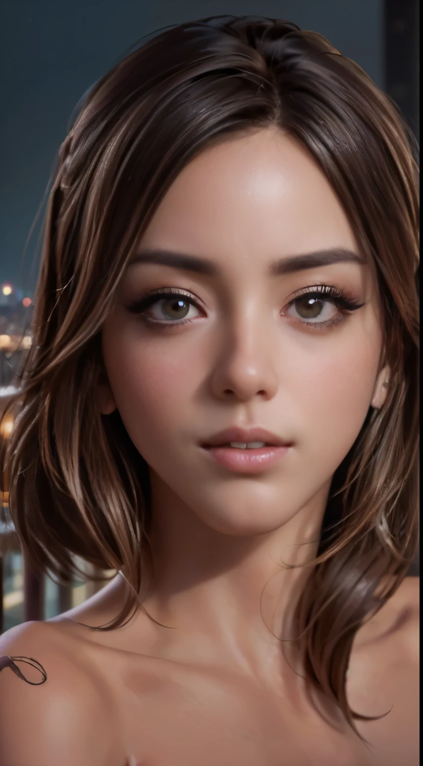 Foto de Chloe Bennet, cru, linda mulher, ((retrato)), ((detalhado face:1.2)), ((detalhado facial feature, detalhado skin, Pele limpa), (corpo de proporções perfeitas), ((nsfw:1.5)) (high detalhado city environment, varanda do apartamento), (foto realista, melhor qualidade, detalhado), (Papel de parede 8k), (iluminação cinematográfica, iluminação dramática) (foco nitído, intricado)