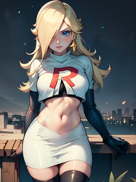 rosalina, glossy lips ,team rocket uniform, red letter R, white skirt,white crop top,black thigh-high boots, black elbow gloves,...