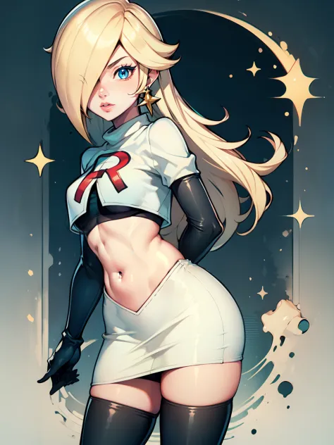 rosalina, glossy lips ,team rocket uniform, red letter r, white skirt,white crop top,black thigh-high boots, black elbow gloves,...