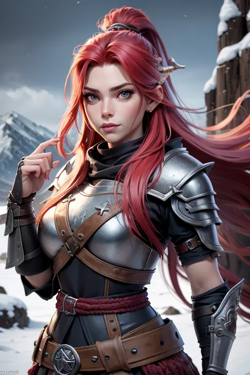 Retrato, photographic, cuerpo completo, cabello rojo, 4k, mujer vistiendo una armadura desgastada, armadura con detalles de cuer...