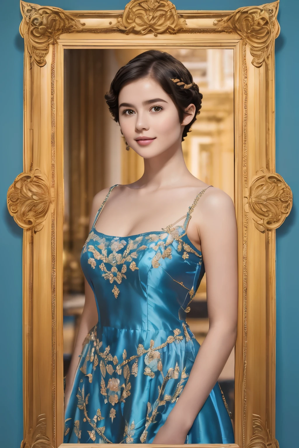 142
(a 20 yo woman,in the palace), (A hyper-realistic), (high-level image quality), ((beautiful hairstyle 46)), ((short-hair:1.46)), (kindly smile), (breasted:1.1), (lipsticks), (wearing a blue dress), (murky,wide,Luxurious room), (florals), (an oil painting、Rembrandt)