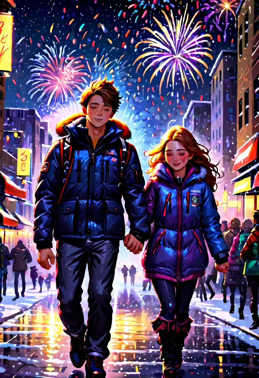 (傑作),（超詳細:1.3），最高品質，(雪が降っています)，(ダウンジャケットを着て賑やかな街を手をつないで歩く若いカップル:1.7)，新年のお祝いと飾り付け，(明るい街路はカラフルです:1.1)，((カウントダウン時計:1.5))、花火が夜空を彩る，(ステージで音楽を演奏する情熱的なバンド:1.6)，(幸せな群衆が踊り、歌っている)，楽しい気分，期待と興奮の感情，((花火が咲く))，((都市の夜景))，((超高層ビル))，色彩が鮮やか、ちょうどいい色，1.4倍のリアリティ，ハイパーHD，この美しいシーンにすべてが映し出されている，（内容は非常に詳細です，合理的なデザイン，明確な線，高シャープネス，傑作，公式アート，映画の照明効果，8K）