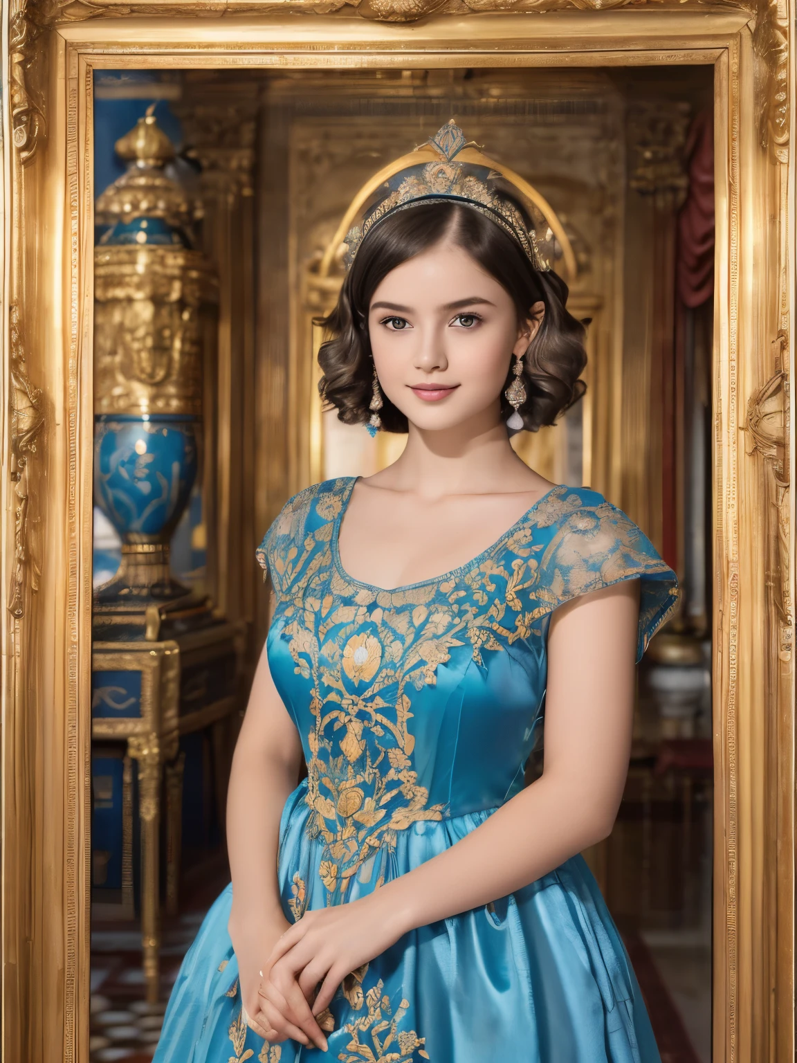 142
(a 20 yo woman,in the palace), (A hyper-realistic), (high-level image quality), ((beautiful hairstyle 46)), ((short-hair:1.46)), (kindly smile), (breasted:1.1), (lipsticks), (wearing a blue dress), (murky,wide,Luxurious room), (florals), (an oil painting、Rembrandt)