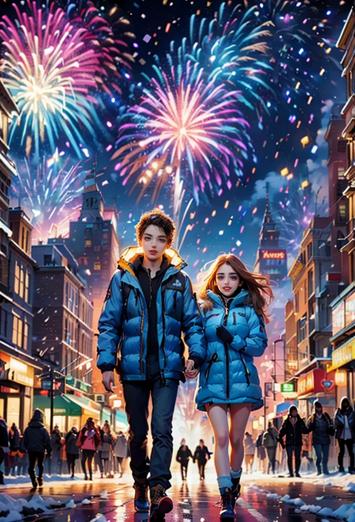 (tmasterpiece),（ultra - detailed:1.3），Best quality，(It's snowing)，(Young couple wearing down jackets walking hand in hand in the bustling city:1.7)，New Year celebrations and decorations，(The brightly lit streets are colorful:1.1)，((countdown clock:1.5))、Fireworks light up the night sky，(Passionate band playing music on stage:1.6)，(Happy crowd dancing and singing)，Joyful mood，feelings of anticipation and excitement，((Fireworks bloom))，((city night scene))，((skyscrapper))，vibrant with colors、Just the right color，1.4x more realism，hyper HD，All shown in this beautiful scene，（The content is very detailed，Reasonable design，Clear lines，High- sharpness，tmasterpiece，offcial art，movie light effect，8K）