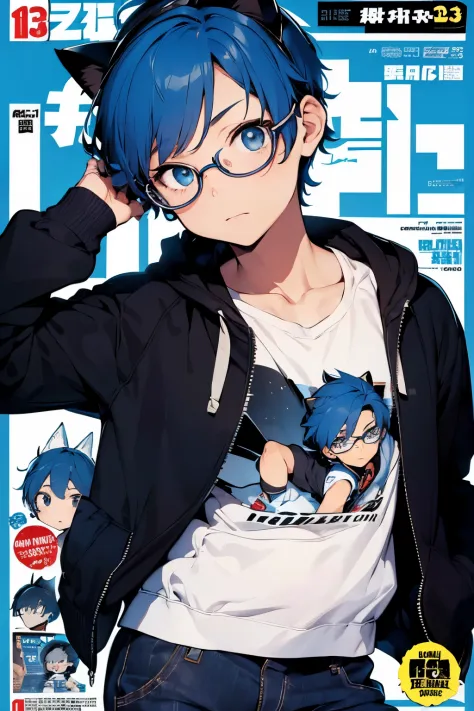 comic_book_cover:1.3, 1boy, handsome man, short hair, ((blue hair)), eye glass, cat ears, hoodie, jacket, side