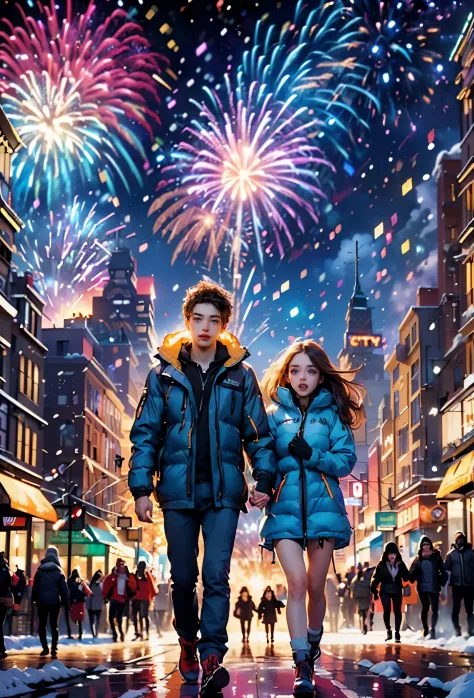 (tmasterpiece),（ultra - detailed:1.3），Best quality，(It's snowing)，(Young couple wearing down jackets walking hand in hand in the...