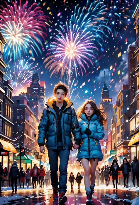 (tmasterpiece),（ultra - detailed:1.3），best quality，(it's snowing)，(young couple wearing down jackets walking hand in hand in the...