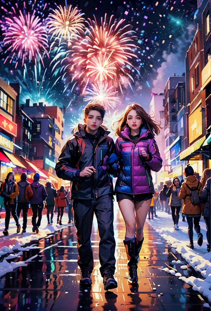 (tmasterpiece),（ultra - detailed:1.3），Best quality，(It's snowing)，(Young couple wearing down jackets walking hand in hand in the bustling city:1.7)，New Year celebrations and decorations，(The brightly lit streets are colorful:1.1)，((countdown clock:1.5))、Fireworks light up the night sky，(Passionate band playing music on stage:1.6)，(Happy crowd dancing and singing)，Joyful mood，feelings of anticipation and excitement，((Fireworks bloom))，((city night scene))，((skyscrapper))，vibrant with colors、Just the right color，1.4x more realism，hyper HD，All shown in this beautiful scene，（The content is very detailed，Reasonable design，Clear lines，High- sharpness，tmasterpiece，offcial art，movie light effect，8K）