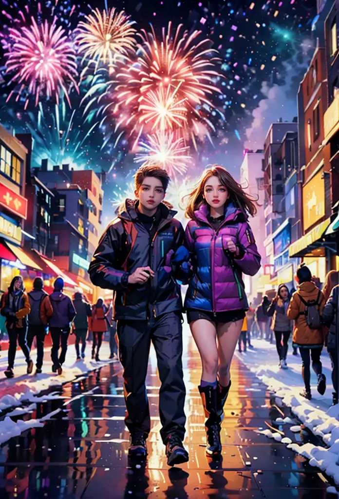 (tmasterpiece),（ultra - detailed:1.3），best quality，(it's snowing)，(young couple wearing down jackets walking hand in hand in the...