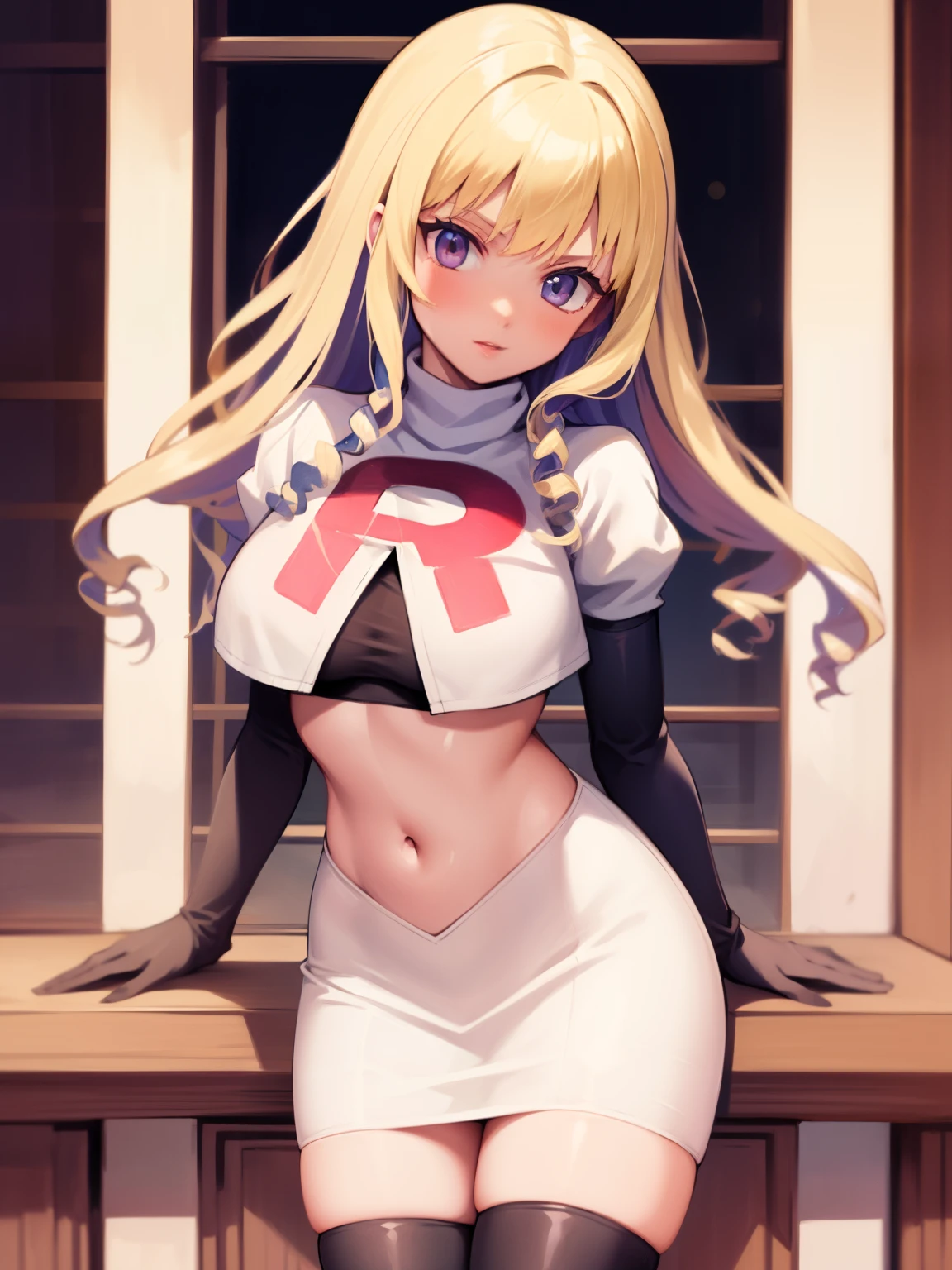 constance_academy, purple eyes glossy lips ,team rocket uniform, red letter R, white skirt,white crop top,black thigh-high boots, black elbow gloves, looking at viewer, cowboy shot