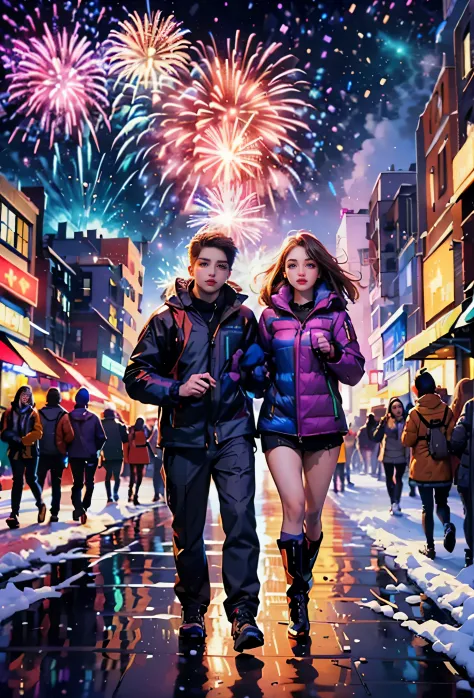 (tmasterpiece),（ultra - detailed:1.3），best quality at best，(it's snowing)，(young couple wearing down jackets walking hand in han...