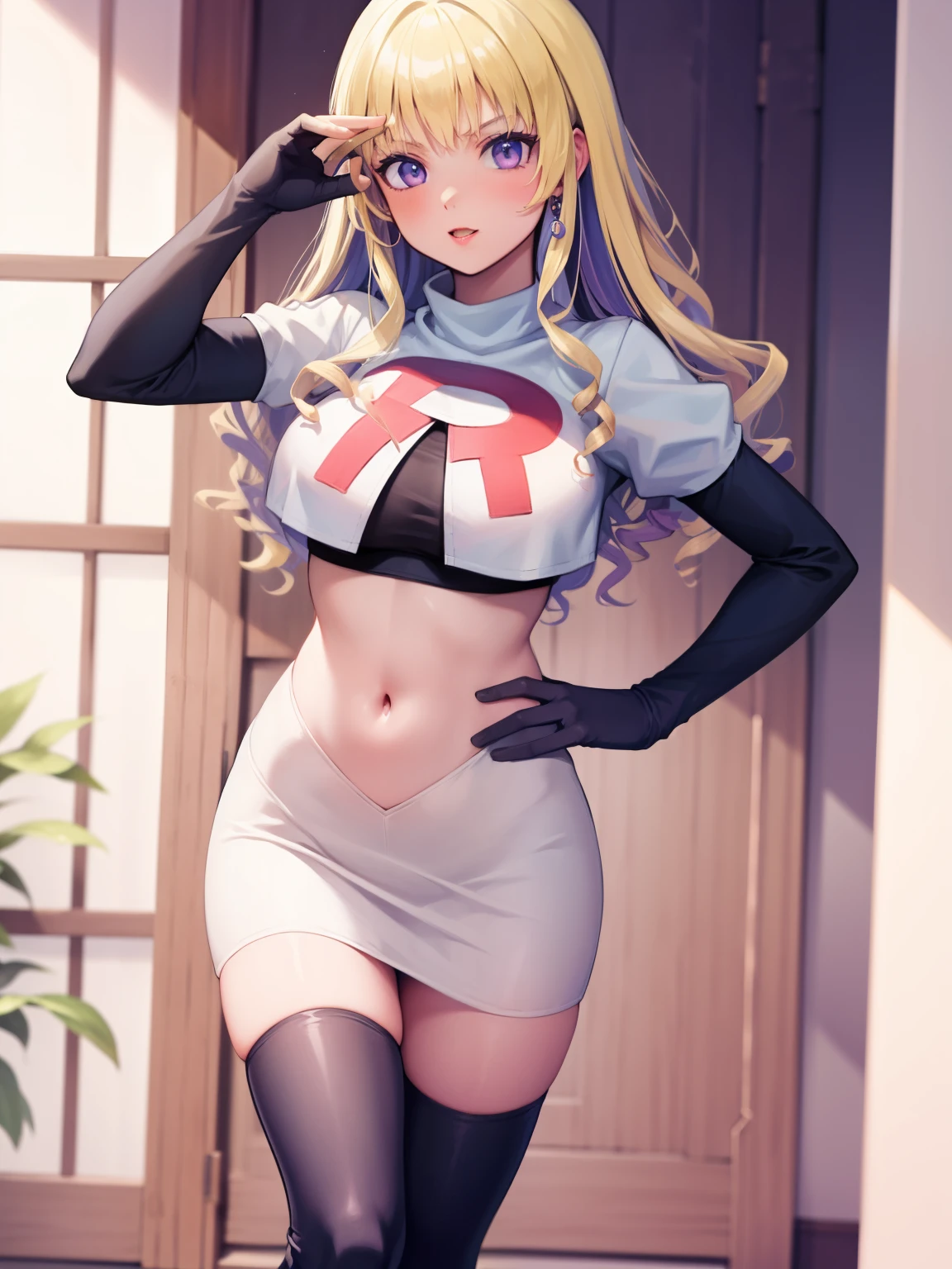 constance_academy, purple eyes glossy lips ,team rocket uniform, red letter R, white skirt,white crop top,black thigh-high boots, black elbow gloves, looking at viewer, cowboy shot