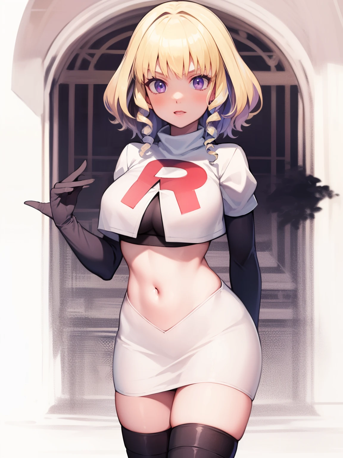 constance_academy, purple eyes glossy lips ,team rocket uniform, red letter R, white skirt,white crop top,black thigh-high boots, black elbow gloves, looking at viewer, cowboy shot