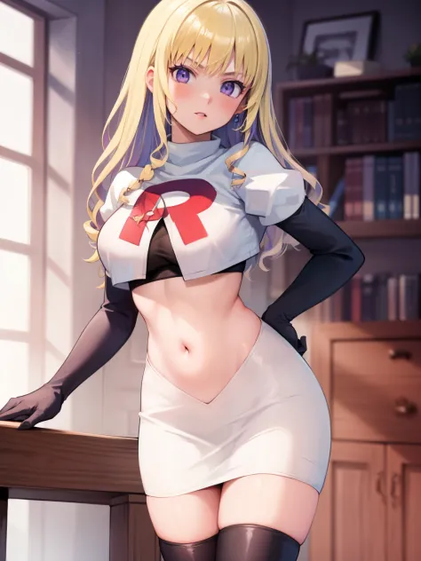 constance_academy, purple eyes glossy lips ,team rocket uniform, red letter R, white skirt,white crop top,black thigh-high boots, black elbow gloves, looking at viewer, cowboy shot