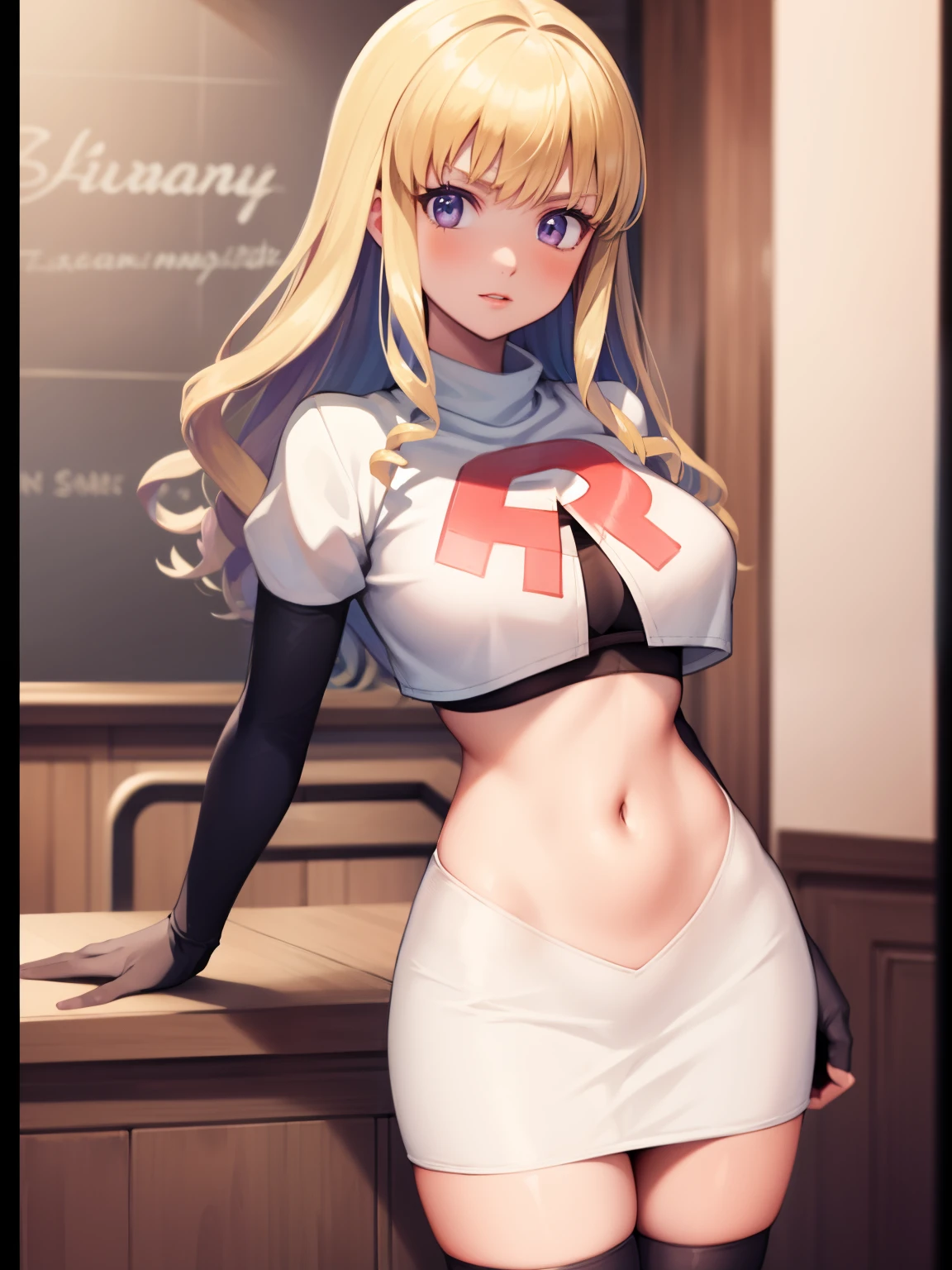 constance_academy, purple eyes glossy lips ,team rocket uniform, red letter R, white skirt,white crop top,black thigh-high boots, black elbow gloves, looking at viewer, cowboy shot