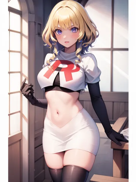 constance_academy, purple eyes glossy lips ,team rocket uniform, red letter R, white skirt,white crop top,black thigh-high boots, black elbow gloves, looking at viewer, cowboy shot