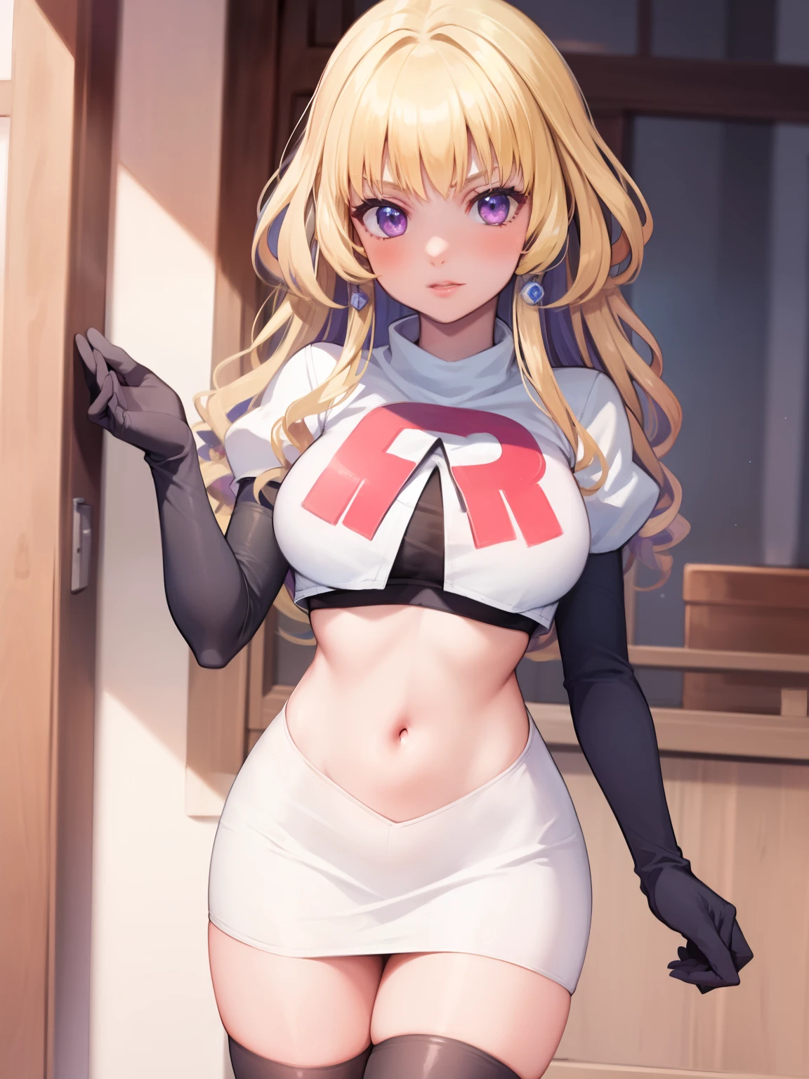 constance_academy, purple eyes glossy lips ,team rocket uniform, red letter R, white skirt,white crop top,black thigh-high boots, black elbow gloves, looking at viewer, cowboy shot