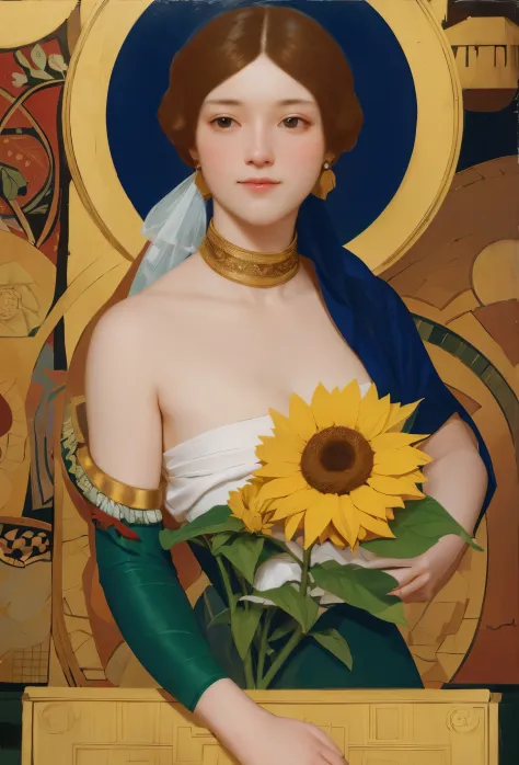 chiaroscuro technique on illustration of an elegant Stylized poster, Russian beauty, in sunflowers, (artist Andrey-Remnev), ((Best Quality, tmasterpiece)), Extreme detailing, 8K