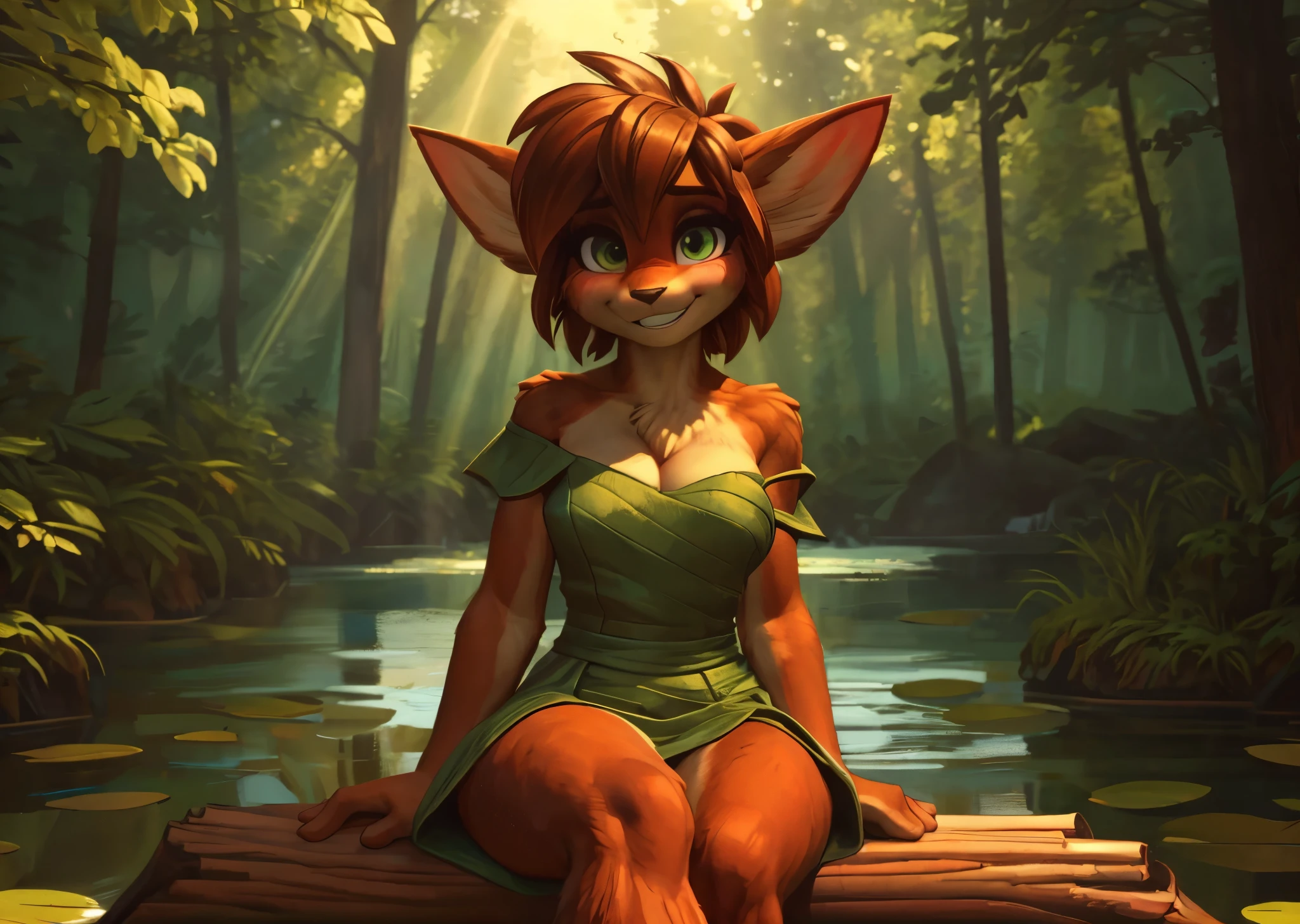 [elora], [Uploaded to e621.net; (Pixelsketcher), (wamudraws)], ((masterpiece)), ((HD)), ((highres)), ((solo portrait)), ((front view)), ((mystical)), ((furry; anthro)), ((detailed fur)), ((detailed shading)), ((beautiful render art)), {anthro; (brown fur), (fur tufts), short brown hair, (cute green eyes), (long eyelashes), (beautiful legs), (beautiful feet), (blushing), (cute grin)}, {(leaf off-shoulder dress), (cleavage)}, {(sitting on log), (hands in lap), (looking at viewer)}, [background; (woods), (trees), (beautiful pond), (sun rays), (ambient lighting)]