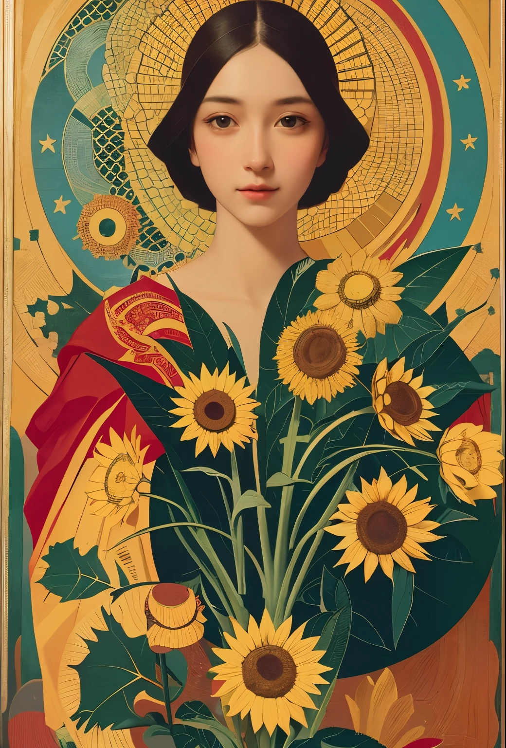 técnica de claroscuro en la ilustración de un elegante cartel estilizado, Russian beauty, en girasoles, (artista Andrey-Remnev), ((mejor calidad, obra maestra)), Detalles extremos, 8K