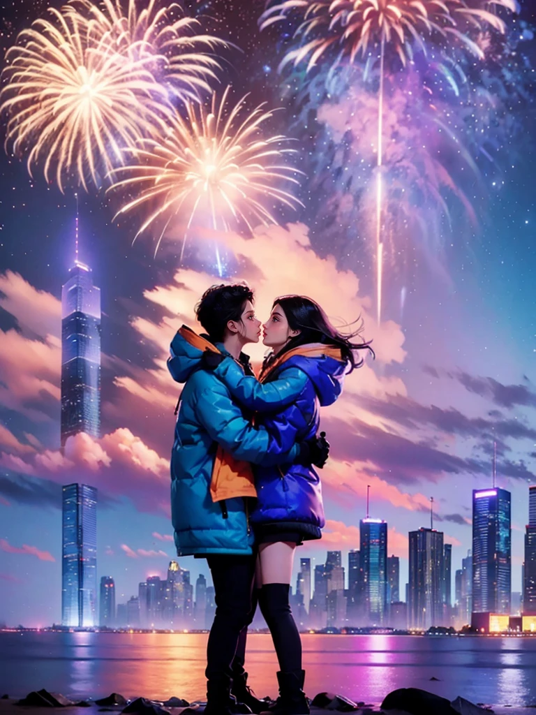 A stunning photo captures this wonderful New Year&#39;s Day concert performance，nigh sky，gorgeous color，(Concert scene)，(crowd of)，Milky Way，(skyscrapers on the shore:1.5)，(city night scene:1.2)，(Couple wearing down jackets hugging:1.5)，Watch the fireworks，Detail and color reproduction，Grand celebration、brilliant colorful、Happy mood、Fireworks explosions、Sparkling fireworks atmosphere、permanent memory，((anatomy correct，Accurate and perfect facial features))