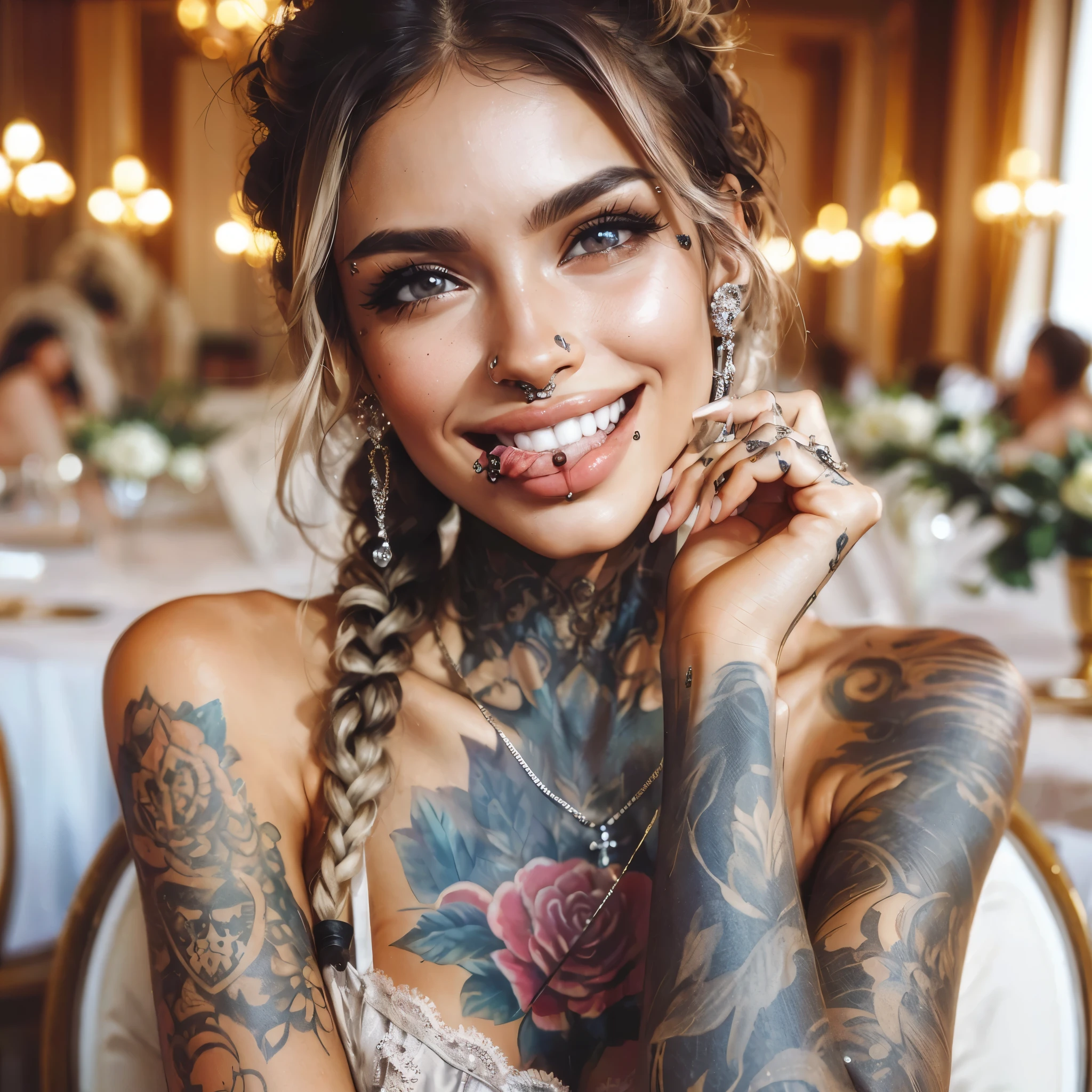 A woman with tattoos on her arms and neck sitting at a table - SeaArt AI