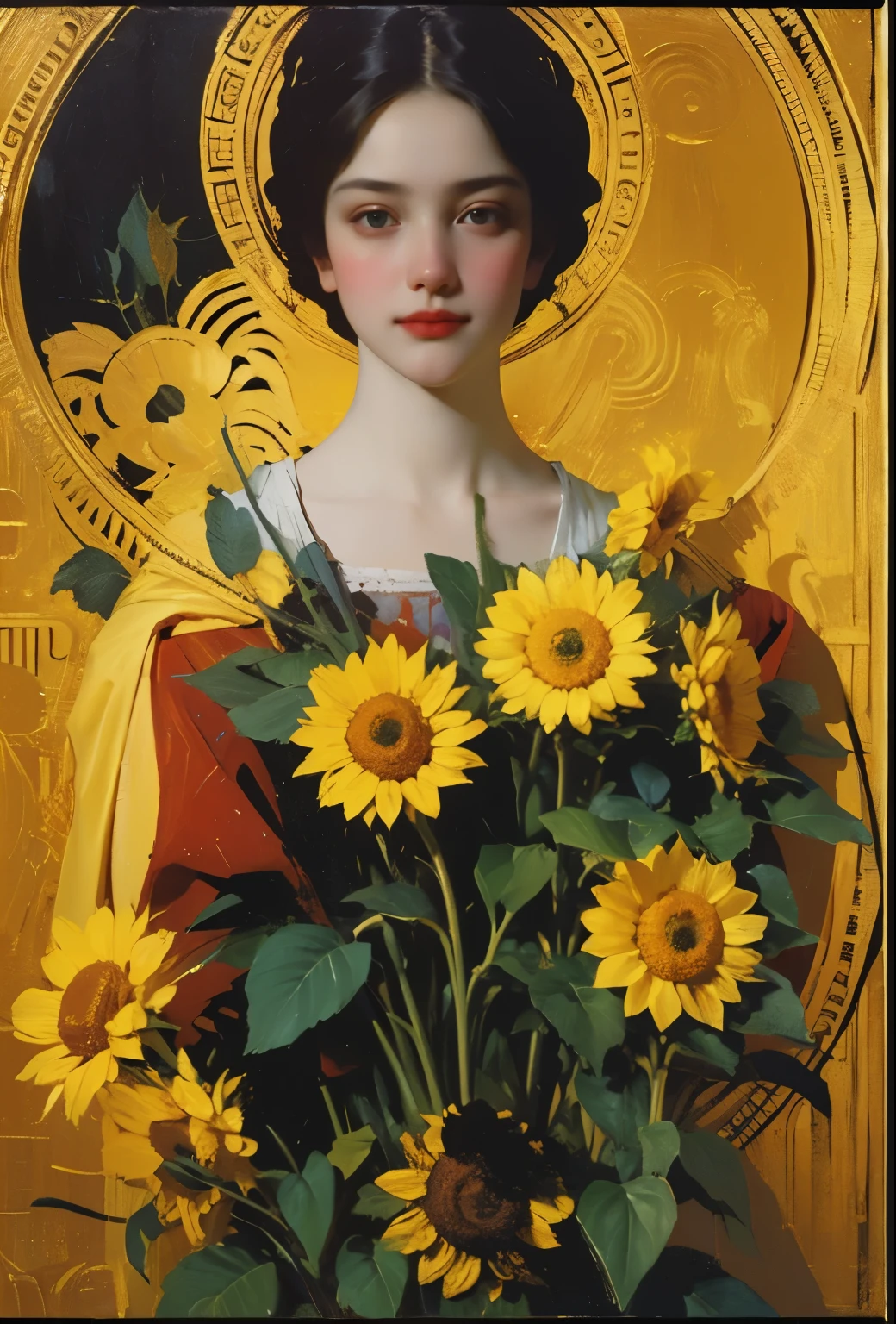 technique du clair-obscur sur l&#39;illustration d&#39;une élégante affiche stylisée, Beauté russe, dans les tournesols, (artiste Andreï-Remnev), ((meilleure qualité, chef-d&#39;œuvre)), détails extrêmes, 8k