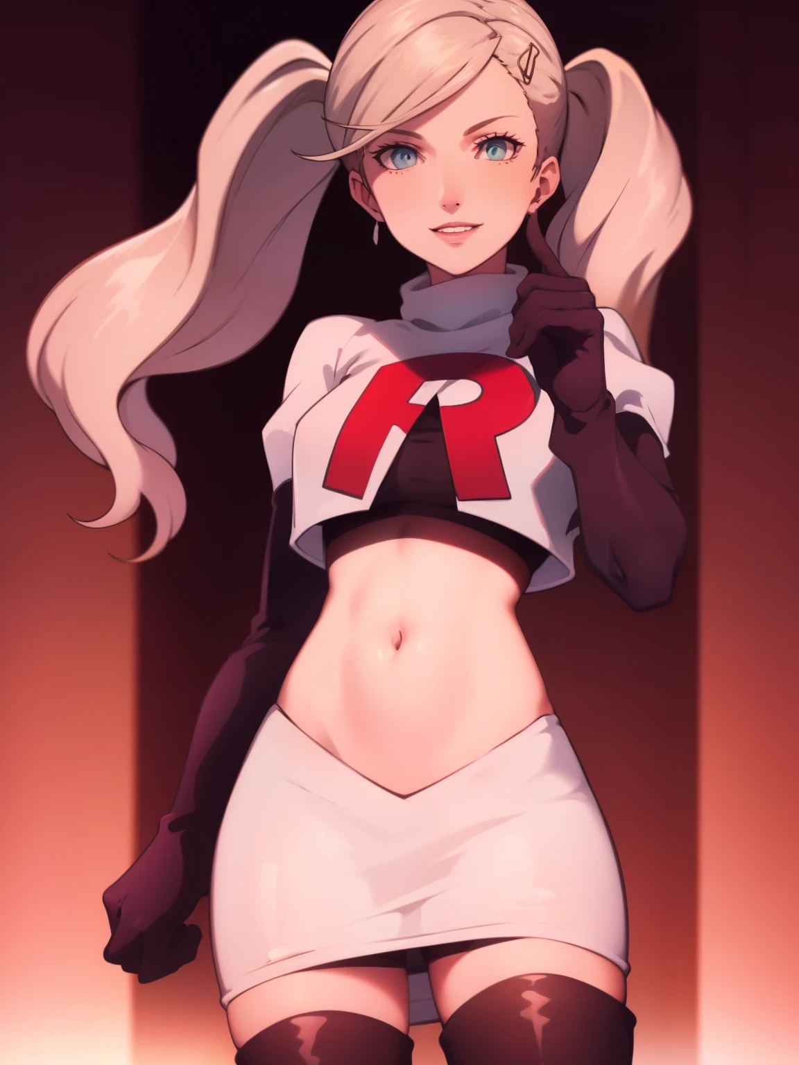 AnnTak, glossy lips ,team rocket uniform, red letter R, white skirt,white crop top,black thigh-high boots, black elbow gloves, evil smile, looking at viewer, cowboy shot