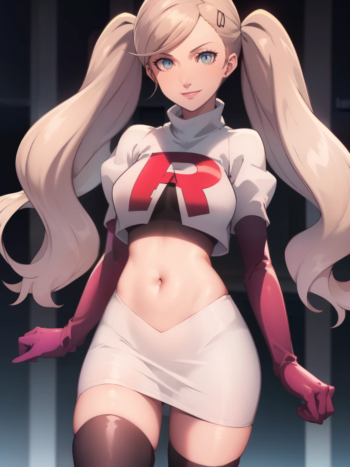 AnnTak, glossy lips ,team rocket uniform, red letter R, white skirt,white crop top,black thigh-high boots, black elbow gloves, evil smile, looking at viewer, cowboy shot