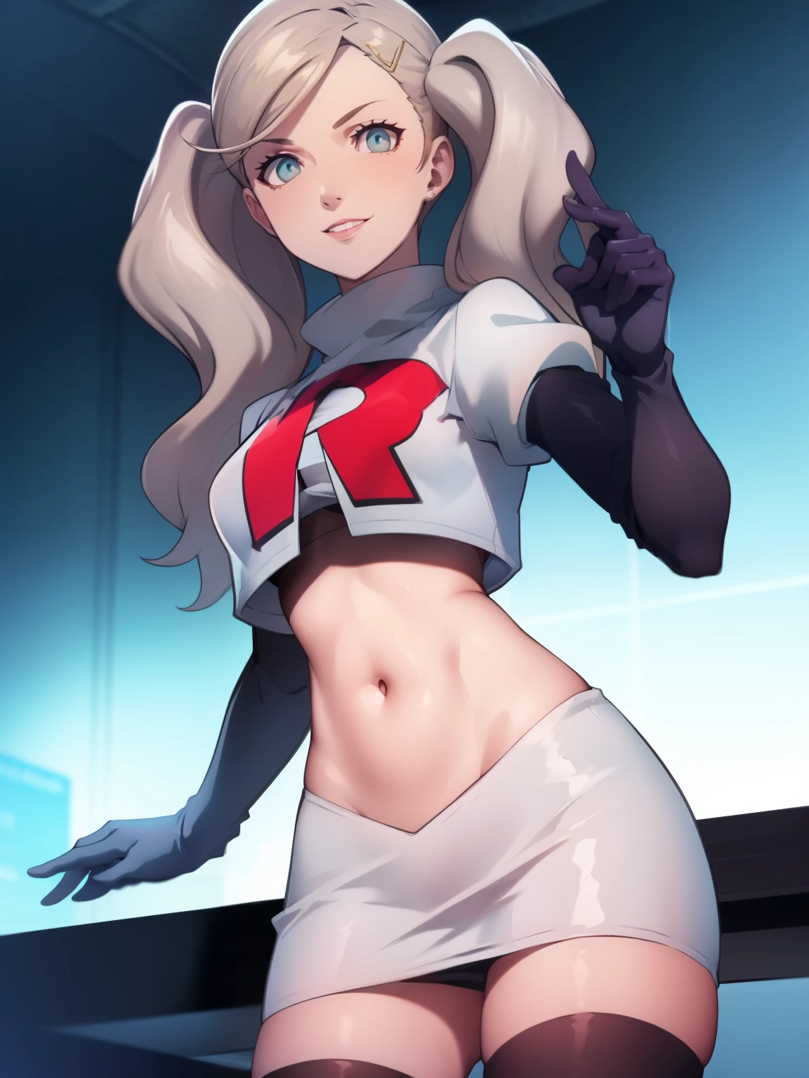 AnnTak, glossy lips ,team rocket uniform, red letter R, white skirt,white crop top,black thigh-high boots, black elbow gloves, evil smile, looking at viewer, cowboy shot