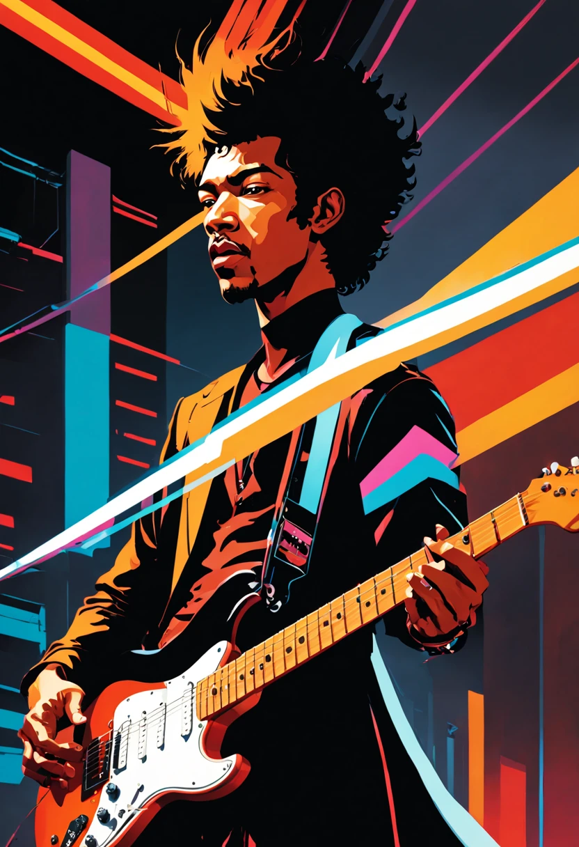 Electric Expressionism in the style of Jimmy Hendrix, electric guitar, trending on artstation, 60s psychedelia by Edward Hopper, airbrush, artwork by James Gilleard, very detailed, airbrush, Ilya Kuvshinov, WLOP, Stanley Artgerm, very coherent, triadic color scheme, art by Takato Yamamoto and James Jean abstract art complementary colors fine details