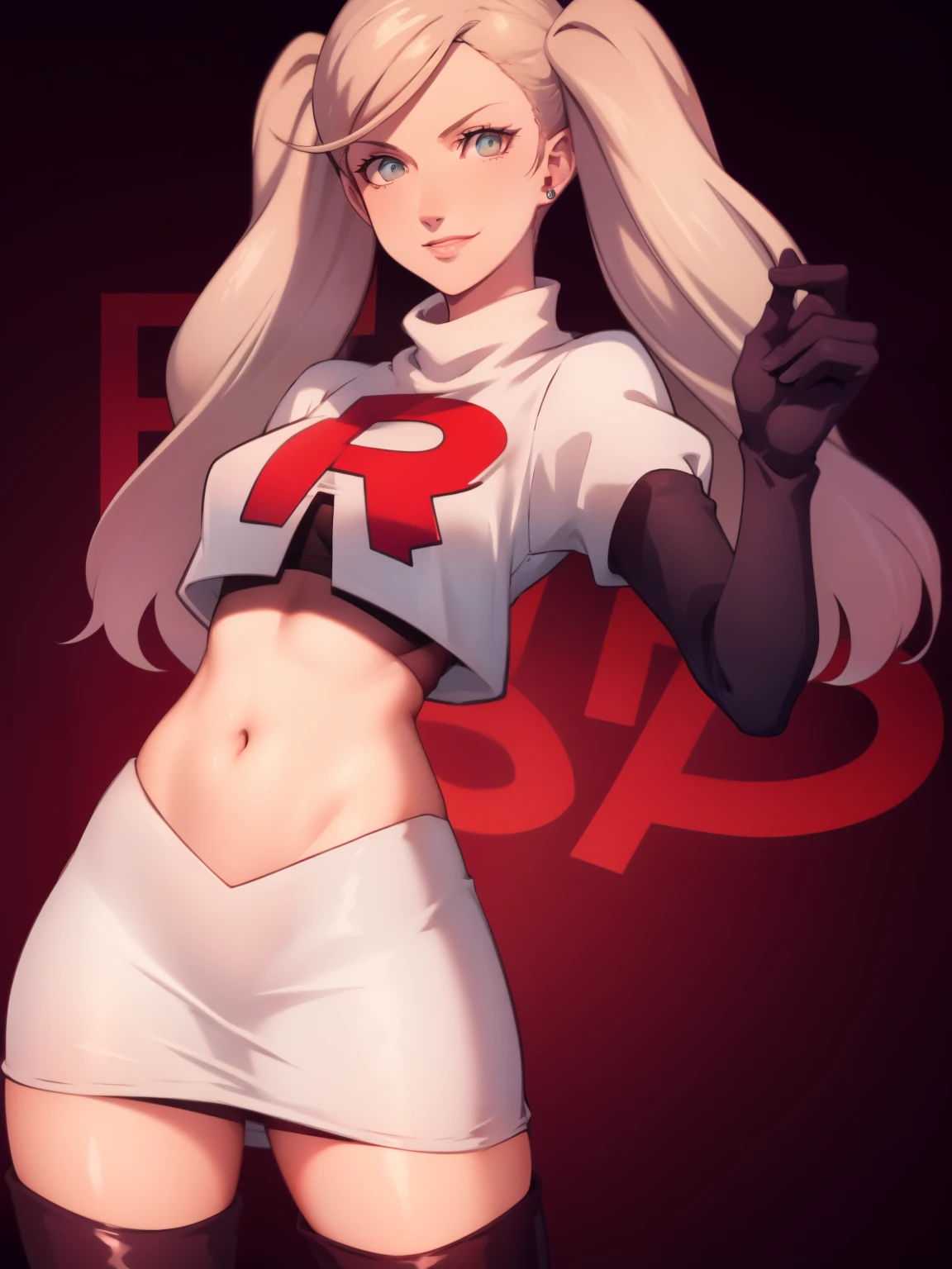 AnnTak, glossy lips ,team rocket uniform, red letter R, white skirt,white crop top,black thigh-high boots, black elbow gloves, evil smile, looking at viewer, cowboy shot