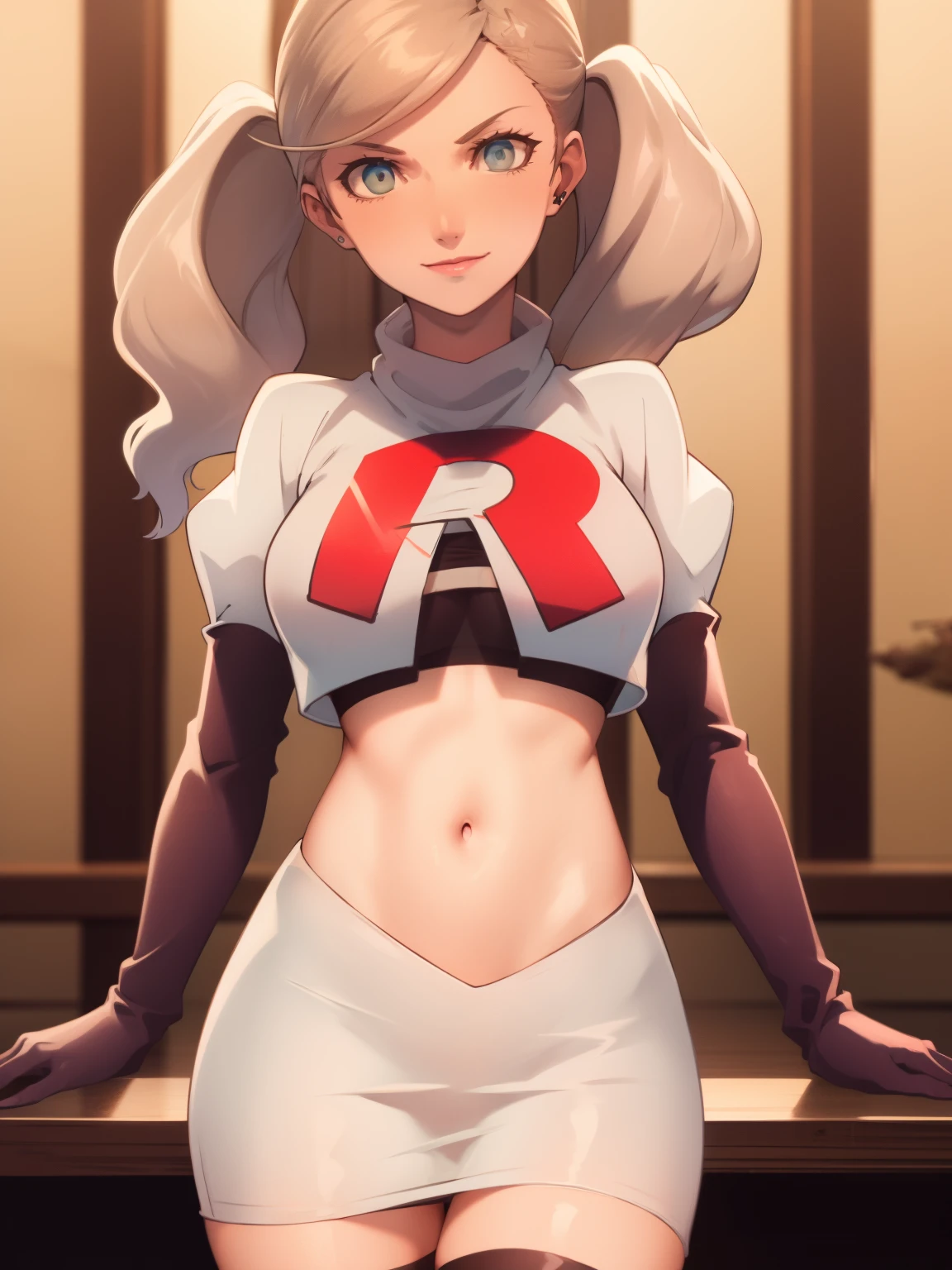 AnnTak, glossy lips ,team rocket uniform, red letter R, white skirt,white crop top,black thigh-high boots, black elbow gloves, evil smile, looking at viewer, cowboy shot