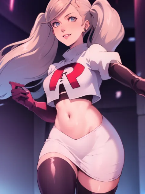 anntak, glossy lips ,team rocket uniform, red letter r, white skirt,white crop top,black thigh-high boots, black elbow gloves, e...