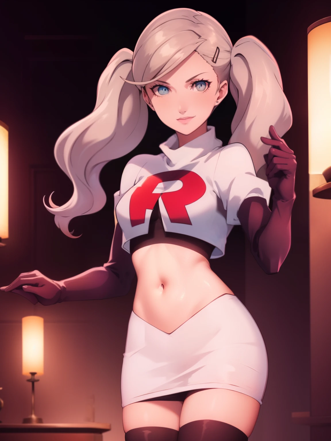 AnnTak, glossy lips ,team rocket uniform, red letter R, white skirt,white crop top,black thigh-high boots, black elbow gloves, evil smile, looking at viewer, cowboy shot