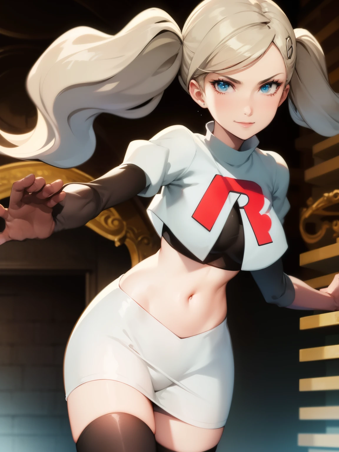 AnnTak, glossy lips ,team rocket uniform, red letter R, white skirt,white crop top,black thigh-high boots, black elbow gloves, evil smile, looking at viewer, cowboy shot