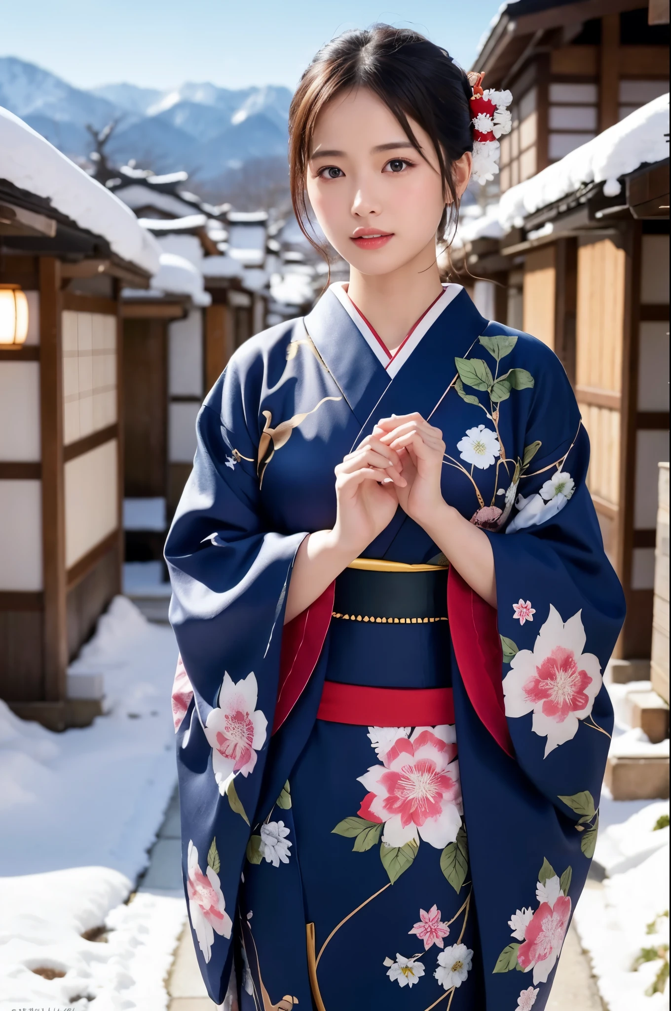 Hot Spring Village in Japan, snowy landscape, ((falling powder snow)), A beautiful Japanese girl in a brilliant Kimono, solo, masterpiece, Best Quality, 8K, ultra high-resolution, (Photorealistic:1.4), entire body in frame, Japanese Idol, Extremely cute, elegant, voluptuous, parted lips, glossy skin, cinematic composition, professional warm lighting and shading, extremely detailed eyes and face, eyes with beautiful details, insanely detailed realistic skin texture, (correct body balance, accurate hands, accurate eyes)