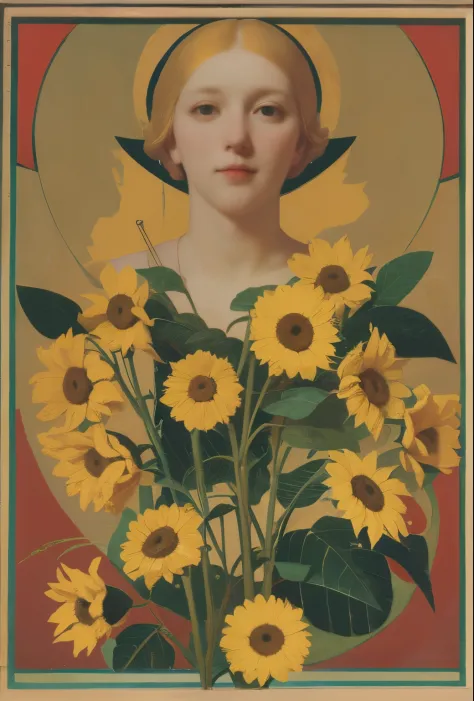 chiaroscuro technique on illustration of an elegant Stylized poster, Russian beauty, in sunflowers, (artist Andrey-Remnev), ((Be...