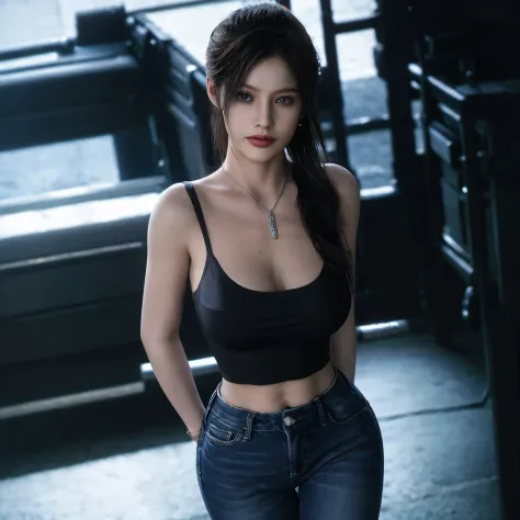 tight black camisole, tight blue jeans, outdoor, bare stomach and shoulders, walking
