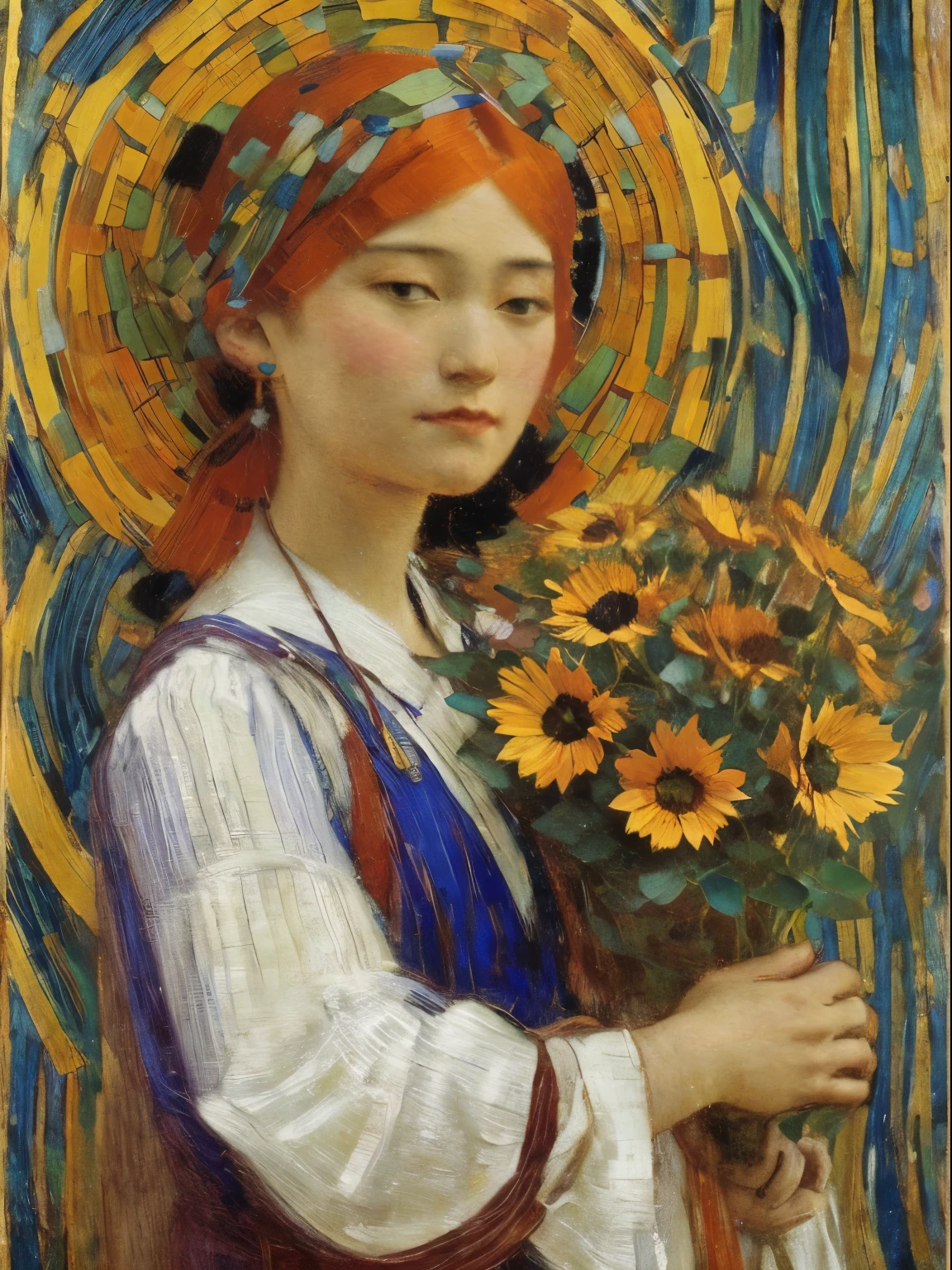 painting of a woman holding a bouquet of sunflowers in front of a golden background, hyperrealistic art nouveau, chie yoshii, andrey remnev, by Yamagata Hiro, mucha klimt and tom bagshaw, inspired by J. C. Leyendecker, inspired by J.C. Leyendecker, inspired by James C. Christensen