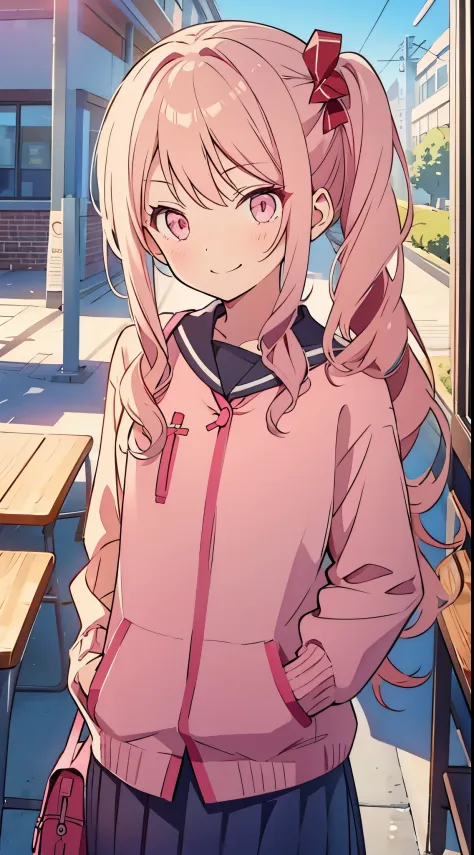 Anime girl with pink hair and pink jacket standing in front of a 