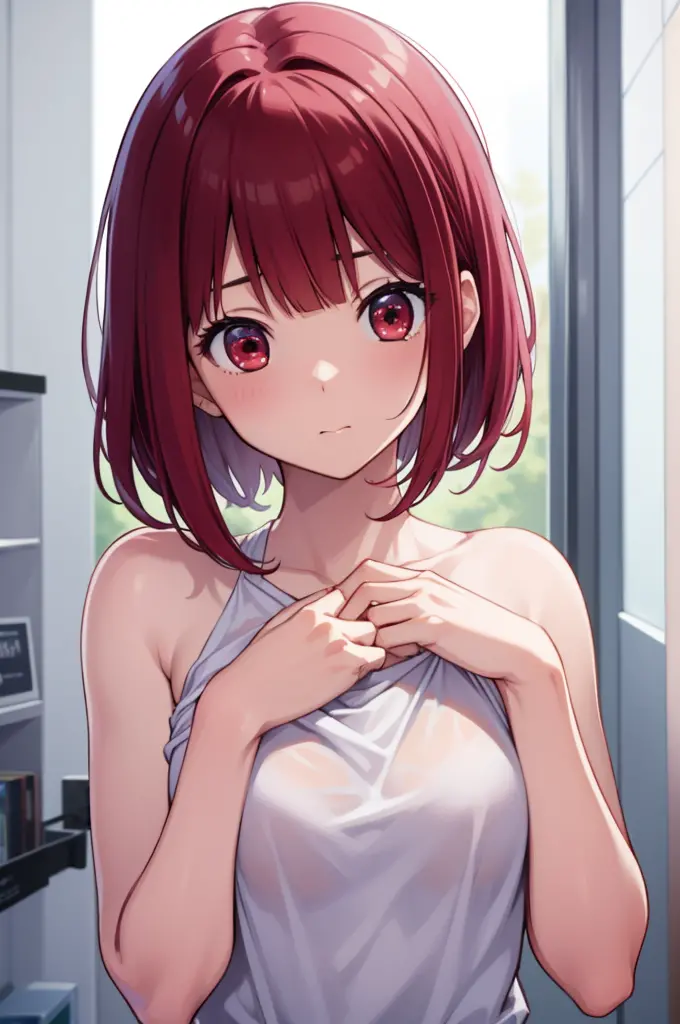 Arima Kana、Arima Kana、bob cuts、(Red Eyes:1.5)、Red-haired、short-hair、BREAK is a bathroom、(Put your left hand on your chest:1.2)、B...