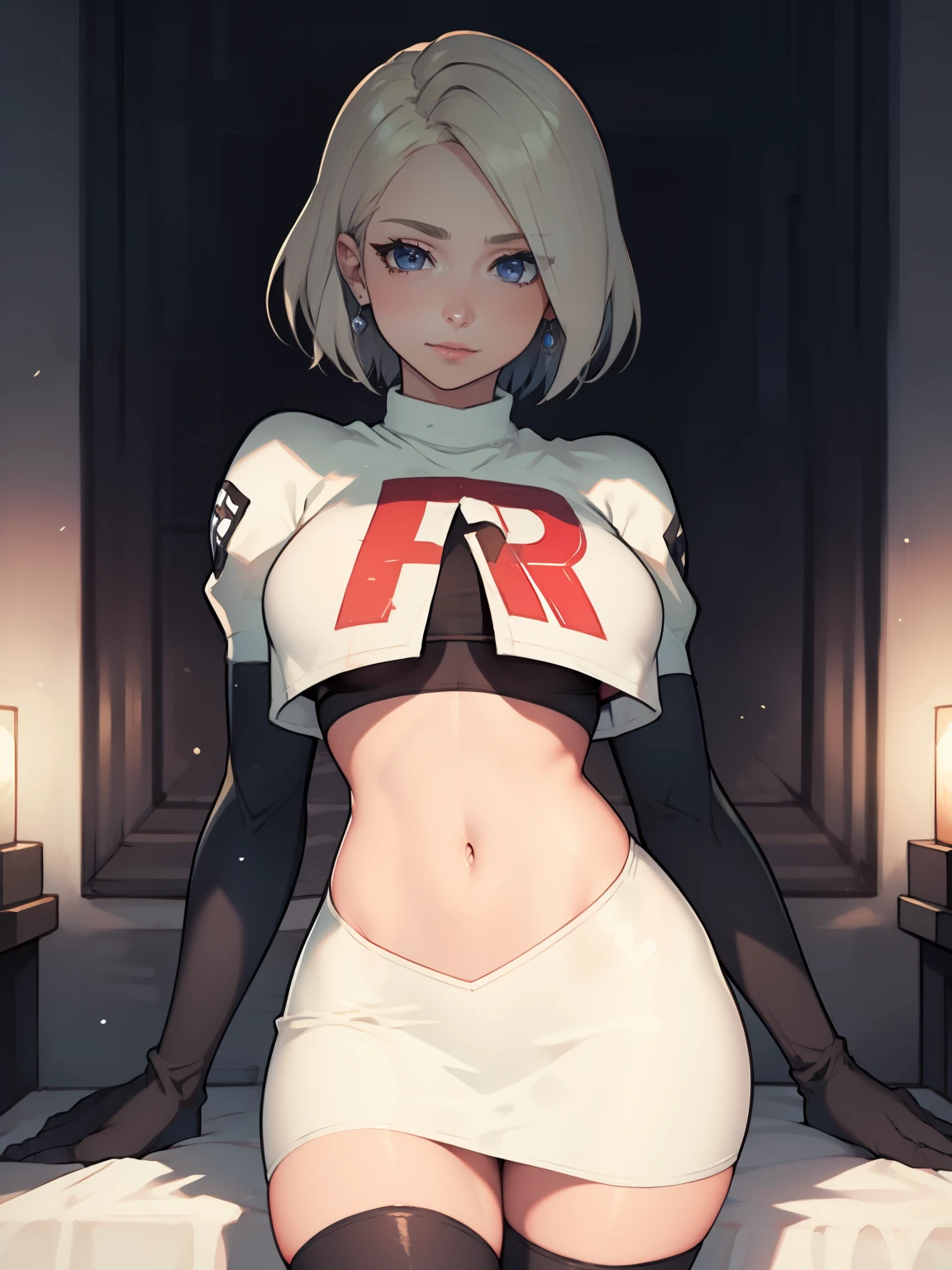 warMercedes, short hair ,glossy lips ,team rocket uniform, red letter R, white skirt,white crop top,black thigh-high boots, black elbow gloves, looking at viewer, cowboy shot