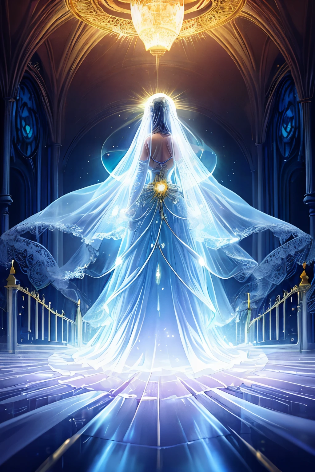 a woman in a bioluminescent pure white wedding dress, long, flowing, to the floor, in a dark room, back towards the camera. she is facing a crystal clear, giant, glass gate, with the outline and hinges of the gate are steampunk style gears and bearings. outside the gate is sunny with clear sky, a straight path of pure gold, with two walls of giant white flowers on each side.